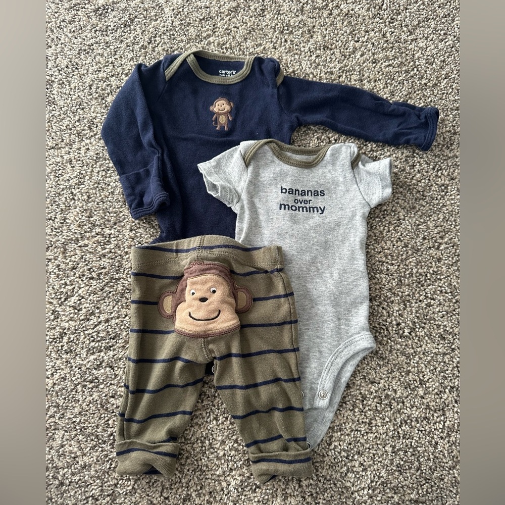 Baby Monkey Outfit Set - Navy, Gray, and Olive